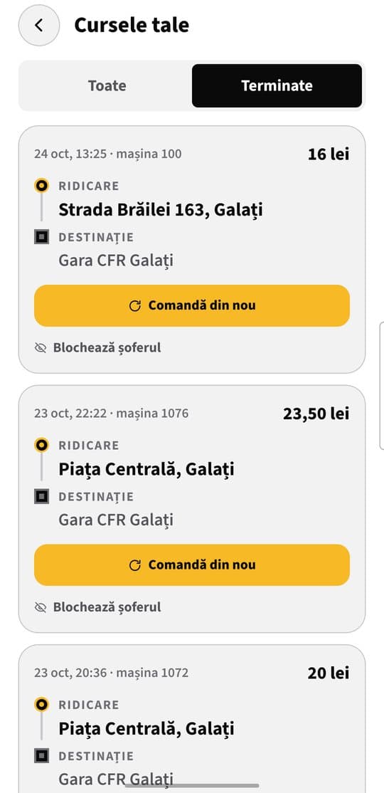 Cursele tale: Fiecare cursă cu adresele ei. O comandă veche se reface dintr-o apăsare.