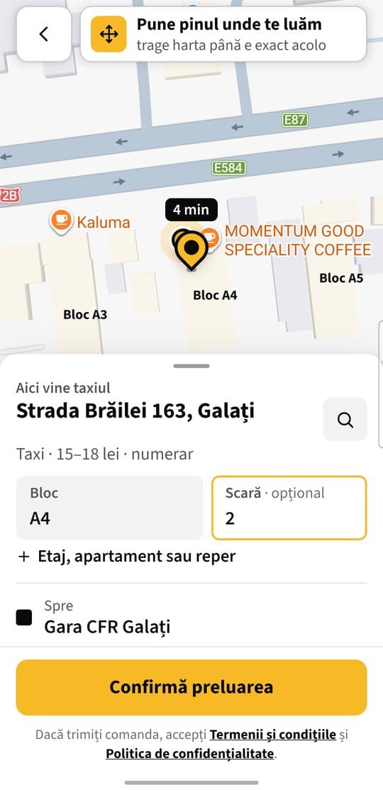 Preluarea: Pinul pe hartă, adresa citită sub el, blocul și scara.