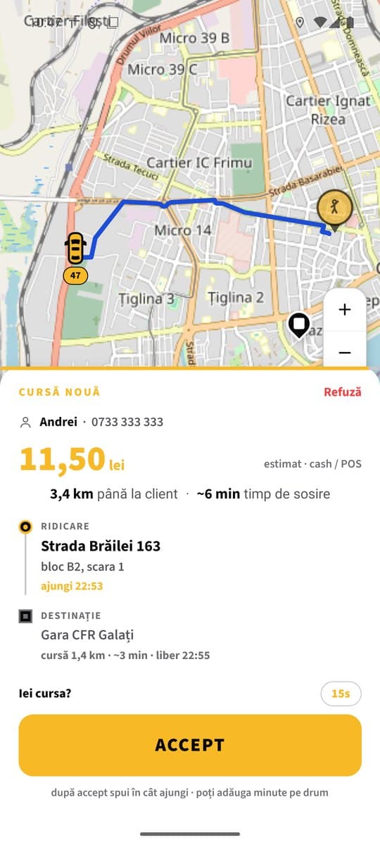 Aplicația șoferului: o comandă nouă, cu adresa și prețul estimat