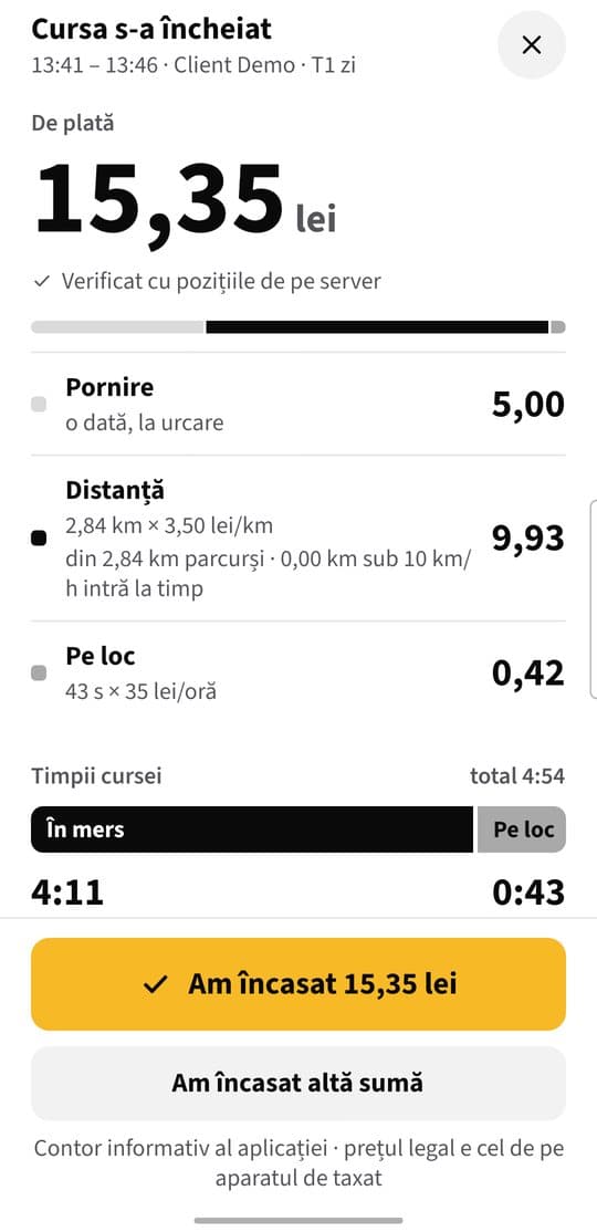 Încasarea: Suma propusă de contor, verificată pe server. Dacă a luat alta, o scrie.